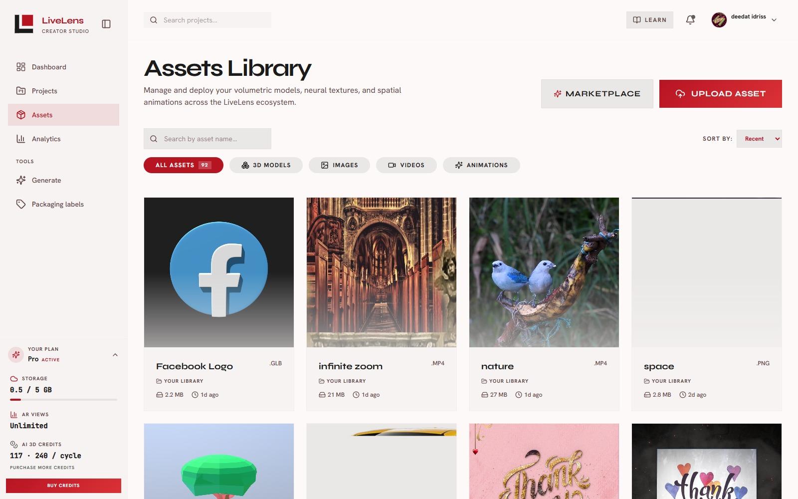 LiveLens Assets Library with 3D models, filters, marketplace, and upload controls.