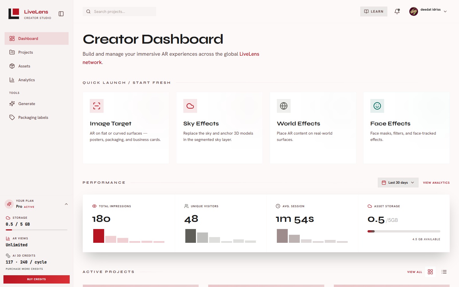 LiveLens Creator Studio dashboard used to launch client WebAR experiences.